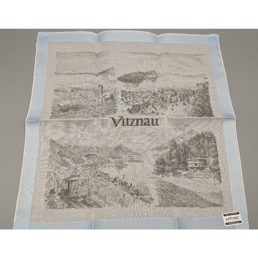 NOS Lehner Vintage VITZNAU SWITZERLAND Scenic Hankie Handkerchief HAND ROLLED